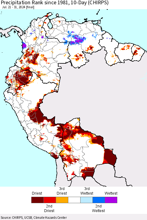 Northern South America Precipitation Rank since 1981, 10-Day (CHIRPS) Thematic Map For 7/21/2024 - 7/31/2024