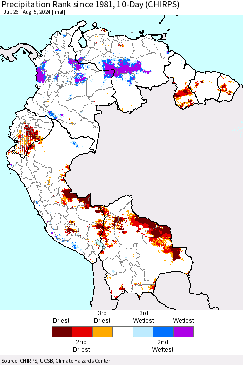 Northern South America Precipitation Rank since 1981, 10-Day (CHIRPS) Thematic Map For 7/26/2024 - 8/5/2024