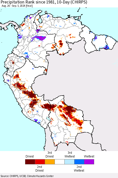 Northern South America Precipitation Rank since 1981, 10-Day (CHIRPS) Thematic Map For 8/26/2024 - 9/5/2024