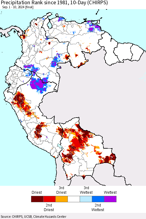 Northern South America Precipitation Rank since 1981, 10-Day (CHIRPS) Thematic Map For 9/1/2024 - 9/10/2024