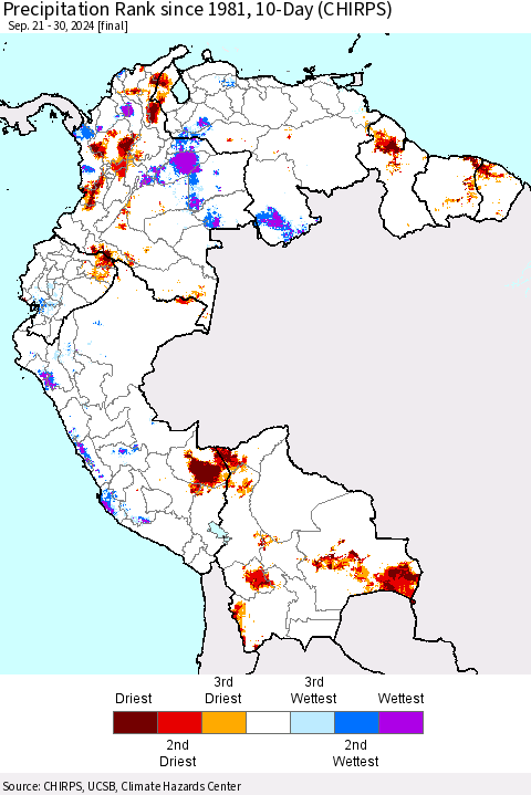 Northern South America Precipitation Rank since 1981, 10-Day (CHIRPS) Thematic Map For 9/21/2024 - 9/30/2024