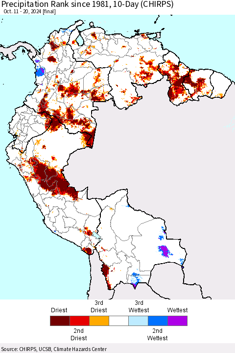 Northern South America Precipitation Rank since 1981, 10-Day (CHIRPS) Thematic Map For 10/11/2024 - 10/20/2024