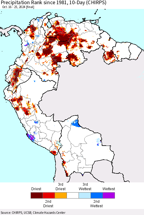 Northern South America Precipitation Rank since 1981, 10-Day (CHIRPS) Thematic Map For 10/16/2024 - 10/25/2024