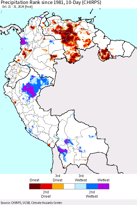 Northern South America Precipitation Rank since 1981, 10-Day (CHIRPS) Thematic Map For 10/21/2024 - 10/31/2024