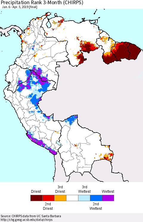 Northern South America Precipitation Rank since 1981, 3-Month (CHIRPS) Thematic Map For 1/6/2019 - 4/5/2019