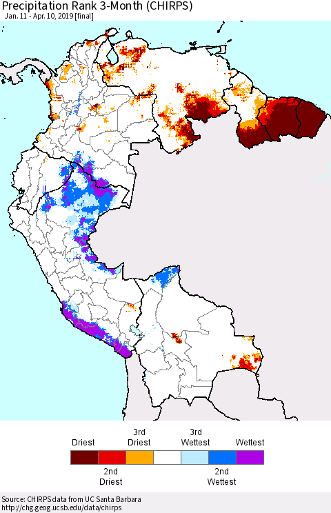 Northern South America Precipitation Rank since 1981, 3-Month (CHIRPS) Thematic Map For 1/11/2019 - 4/10/2019