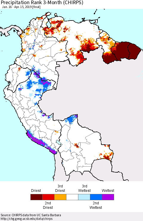 Northern South America Precipitation Rank since 1981, 3-Month (CHIRPS) Thematic Map For 1/16/2019 - 4/15/2019