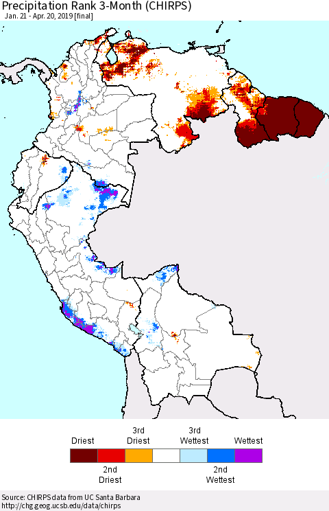 Northern South America Precipitation Rank since 1981, 3-Month (CHIRPS) Thematic Map For 1/21/2019 - 4/20/2019