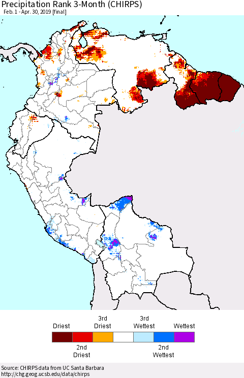 Northern South America Precipitation Rank since 1981, 3-Month (CHIRPS) Thematic Map For 2/1/2019 - 4/30/2019