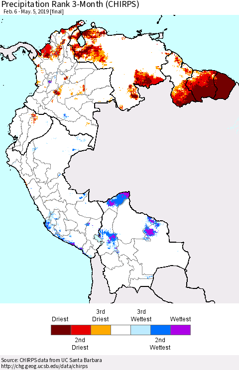Northern South America Precipitation Rank since 1981, 3-Month (CHIRPS) Thematic Map For 2/6/2019 - 5/5/2019