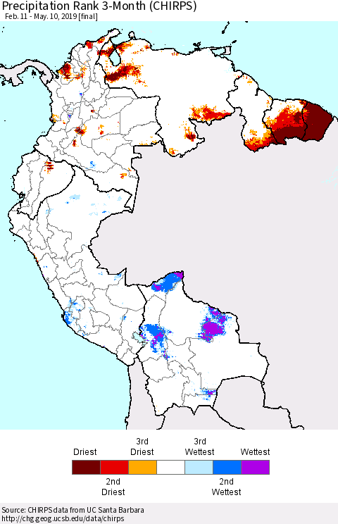 Northern South America Precipitation Rank since 1981, 3-Month (CHIRPS) Thematic Map For 2/11/2019 - 5/10/2019
