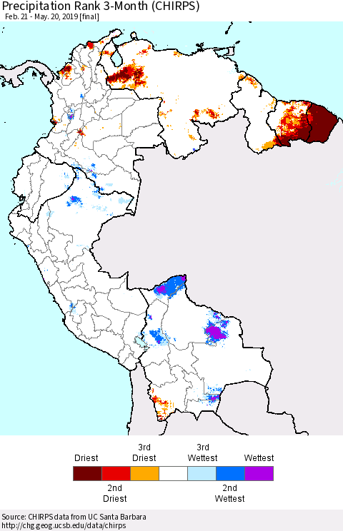 Northern South America Precipitation Rank since 1981, 3-Month (CHIRPS) Thematic Map For 2/21/2019 - 5/20/2019