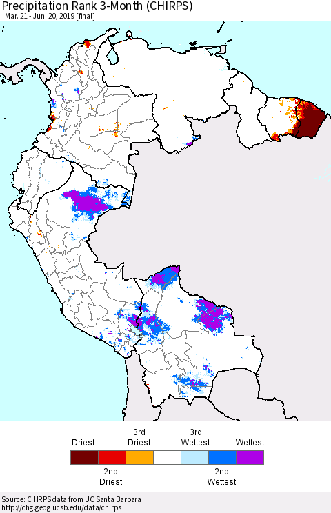 Northern South America Precipitation Rank since 1981, 3-Month (CHIRPS) Thematic Map For 3/21/2019 - 6/20/2019
