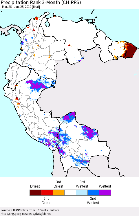 Northern South America Precipitation Rank since 1981, 3-Month (CHIRPS) Thematic Map For 3/26/2019 - 6/25/2019