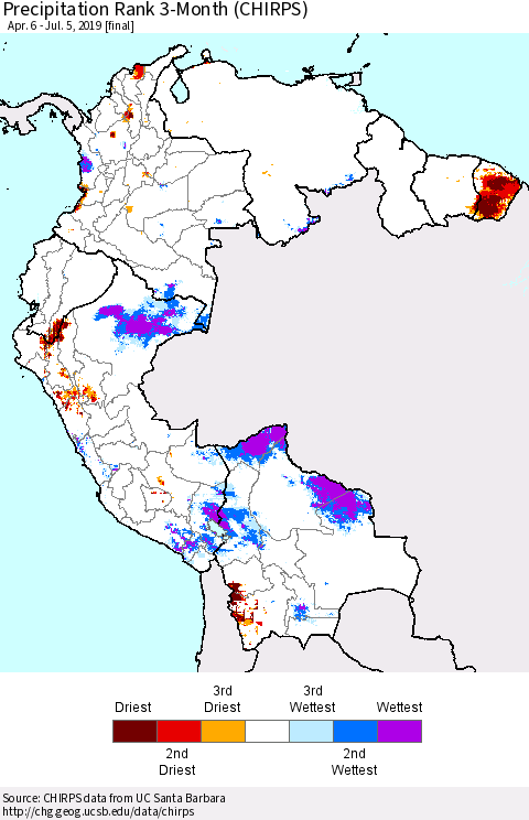 Northern South America Precipitation Rank since 1981, 3-Month (CHIRPS) Thematic Map For 4/6/2019 - 7/5/2019