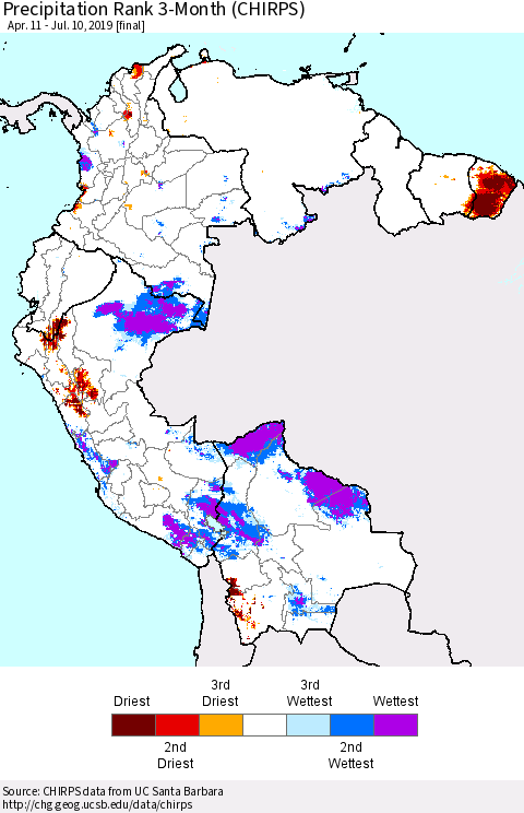 Northern South America Precipitation Rank since 1981, 3-Month (CHIRPS) Thematic Map For 4/11/2019 - 7/10/2019