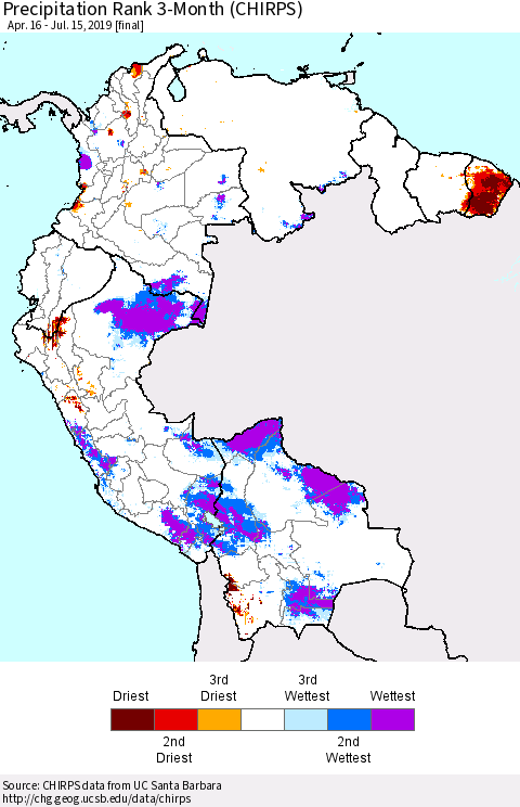 Northern South America Precipitation Rank since 1981, 3-Month (CHIRPS) Thematic Map For 4/16/2019 - 7/15/2019