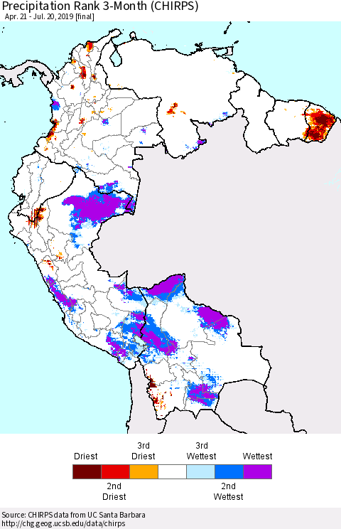 Northern South America Precipitation Rank since 1981, 3-Month (CHIRPS) Thematic Map For 4/21/2019 - 7/20/2019