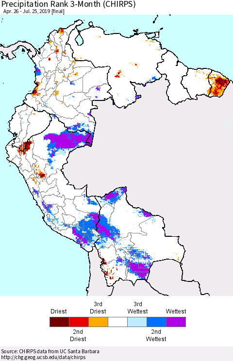 Northern South America Precipitation Rank since 1981, 3-Month (CHIRPS) Thematic Map For 4/26/2019 - 7/25/2019