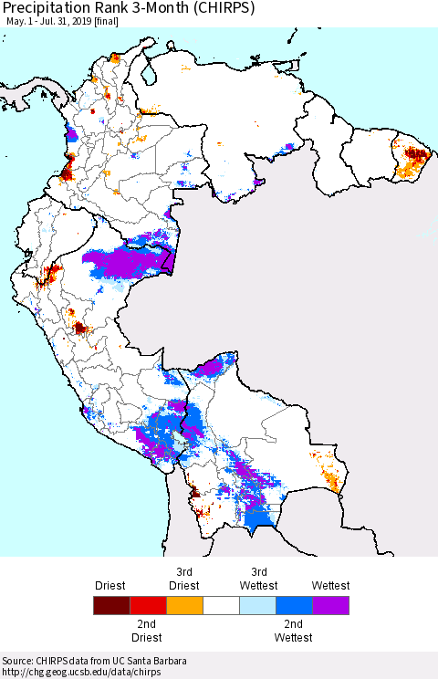 Northern South America Precipitation Rank since 1981, 3-Month (CHIRPS) Thematic Map For 5/1/2019 - 7/31/2019