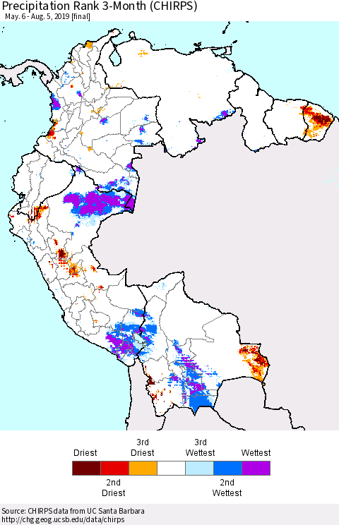 Northern South America Precipitation Rank since 1981, 3-Month (CHIRPS) Thematic Map For 5/6/2019 - 8/5/2019