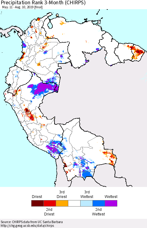 Northern South America Precipitation Rank since 1981, 3-Month (CHIRPS) Thematic Map For 5/11/2019 - 8/10/2019