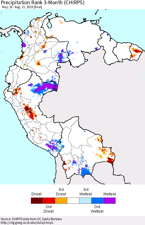 Northern South America Precipitation Rank since 1981, 3-Month (CHIRPS) Thematic Map For 5/16/2019 - 8/15/2019