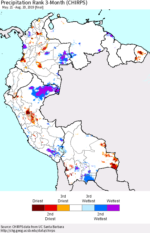 Northern South America Precipitation Rank since 1981, 3-Month (CHIRPS) Thematic Map For 5/21/2019 - 8/20/2019