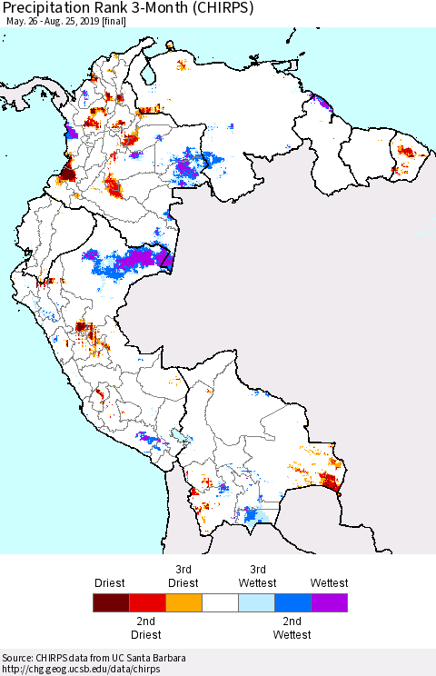 Northern South America Precipitation Rank since 1981, 3-Month (CHIRPS) Thematic Map For 5/26/2019 - 8/25/2019