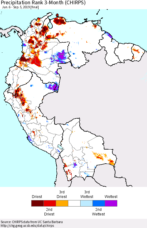Northern South America Precipitation Rank since 1981, 3-Month (CHIRPS) Thematic Map For 6/6/2019 - 9/5/2019