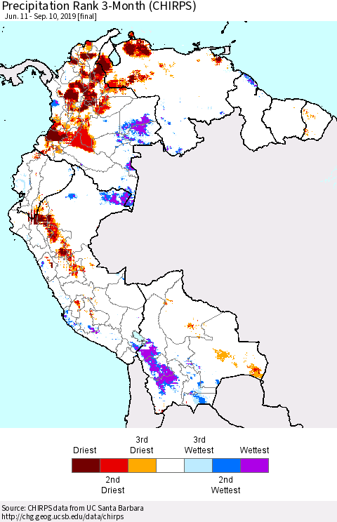 Northern South America Precipitation Rank since 1981, 3-Month (CHIRPS) Thematic Map For 6/11/2019 - 9/10/2019