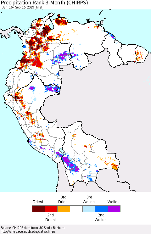 Northern South America Precipitation Rank since 1981, 3-Month (CHIRPS) Thematic Map For 6/16/2019 - 9/15/2019