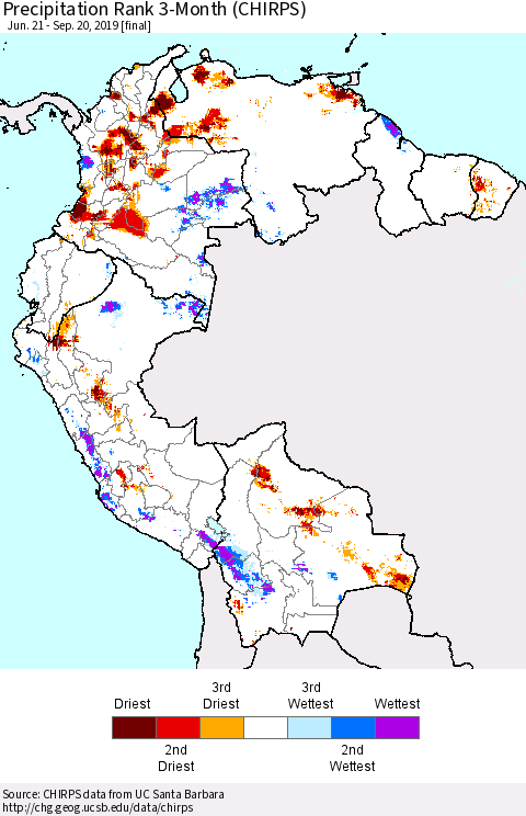 Northern South America Precipitation Rank since 1981, 3-Month (CHIRPS) Thematic Map For 6/21/2019 - 9/20/2019