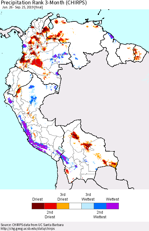 Northern South America Precipitation Rank since 1981, 3-Month (CHIRPS) Thematic Map For 6/26/2019 - 9/25/2019