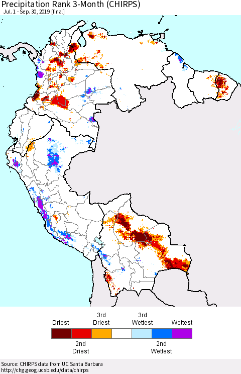 Northern South America Precipitation Rank since 1981, 3-Month (CHIRPS) Thematic Map For 7/1/2019 - 9/30/2019