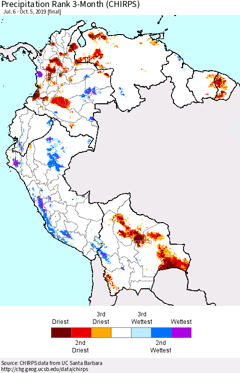 Northern South America Precipitation Rank since 1981, 3-Month (CHIRPS) Thematic Map For 7/6/2019 - 10/5/2019