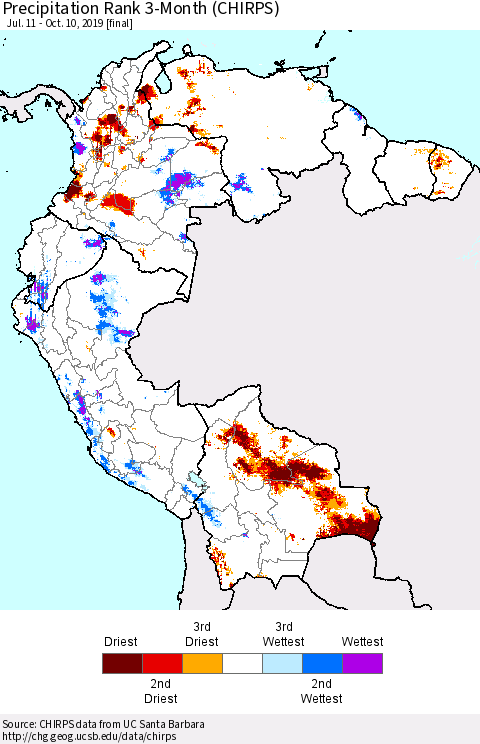 Northern South America Precipitation Rank since 1981, 3-Month (CHIRPS) Thematic Map For 7/11/2019 - 10/10/2019