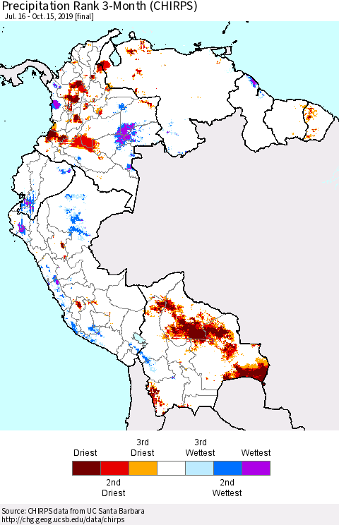 Northern South America Precipitation Rank since 1981, 3-Month (CHIRPS) Thematic Map For 7/16/2019 - 10/15/2019