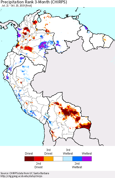 Northern South America Precipitation Rank since 1981, 3-Month (CHIRPS) Thematic Map For 7/21/2019 - 10/20/2019