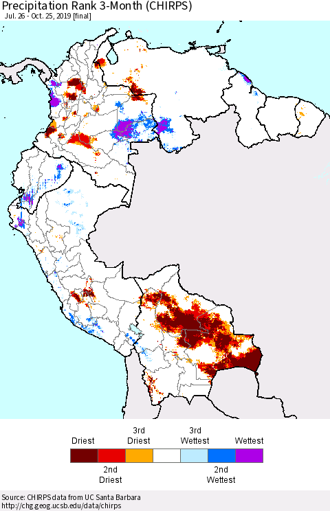 Northern South America Precipitation Rank since 1981, 3-Month (CHIRPS) Thematic Map For 7/26/2019 - 10/25/2019
