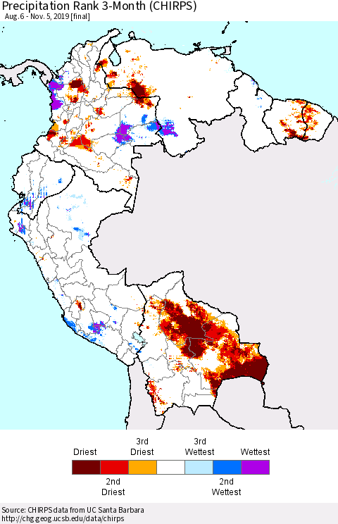 Northern South America Precipitation Rank since 1981, 3-Month (CHIRPS) Thematic Map For 8/6/2019 - 11/5/2019