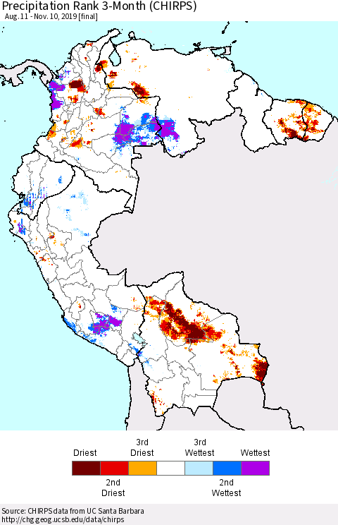 Northern South America Precipitation Rank since 1981, 3-Month (CHIRPS) Thematic Map For 8/11/2019 - 11/10/2019