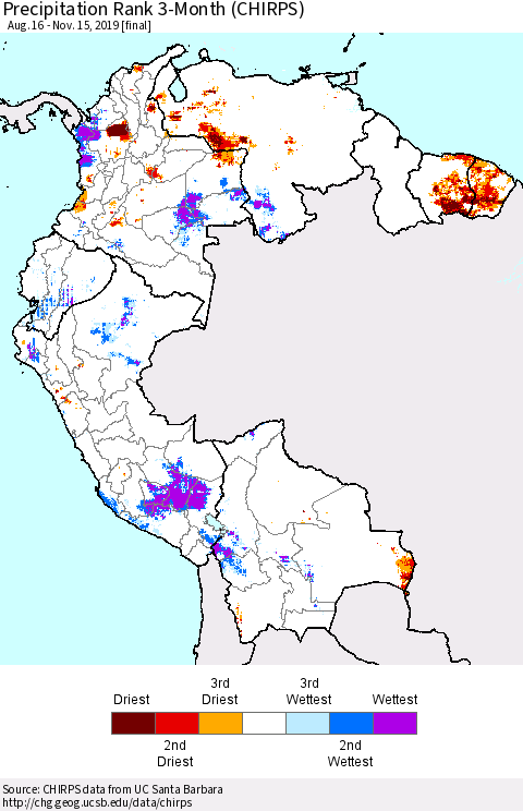 Northern South America Precipitation Rank since 1981, 3-Month (CHIRPS) Thematic Map For 8/16/2019 - 11/15/2019