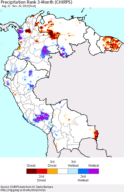 Northern South America Precipitation Rank since 1981, 3-Month (CHIRPS) Thematic Map For 8/21/2019 - 11/20/2019