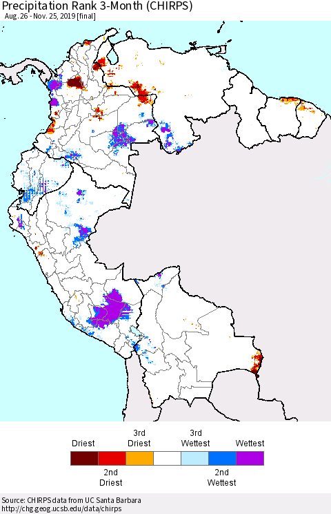 Northern South America Precipitation Rank since 1981, 3-Month (CHIRPS) Thematic Map For 8/26/2019 - 11/25/2019