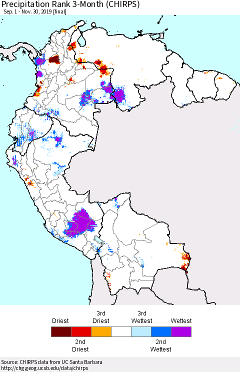 Northern South America Precipitation Rank since 1981, 3-Month (CHIRPS) Thematic Map For 9/1/2019 - 11/30/2019