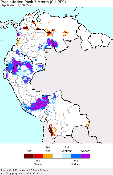 Northern South America Precipitation Rank since 1981, 3-Month (CHIRPS) Thematic Map For 9/16/2019 - 12/15/2019
