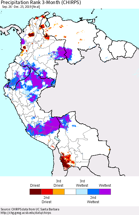 Northern South America Precipitation Rank since 1981, 3-Month (CHIRPS) Thematic Map For 9/26/2019 - 12/25/2019