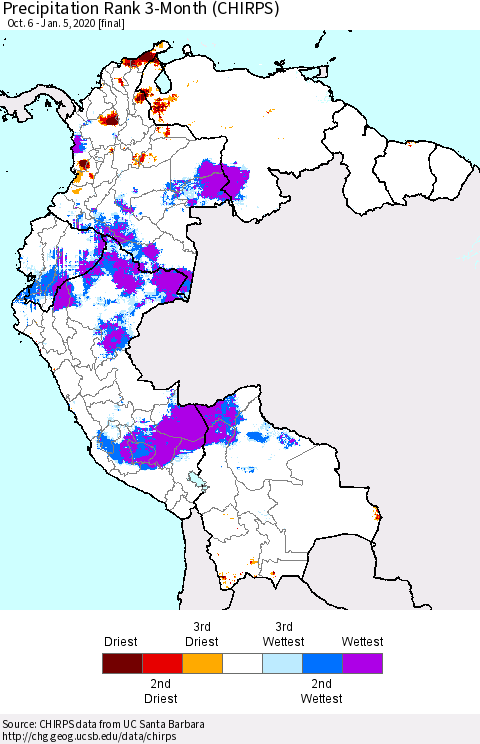 Northern South America Precipitation Rank since 1981, 3-Month (CHIRPS) Thematic Map For 10/6/2019 - 1/5/2020