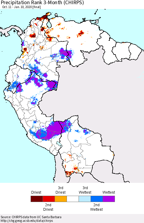 Northern South America Precipitation Rank since 1981, 3-Month (CHIRPS) Thematic Map For 10/11/2019 - 1/10/2020